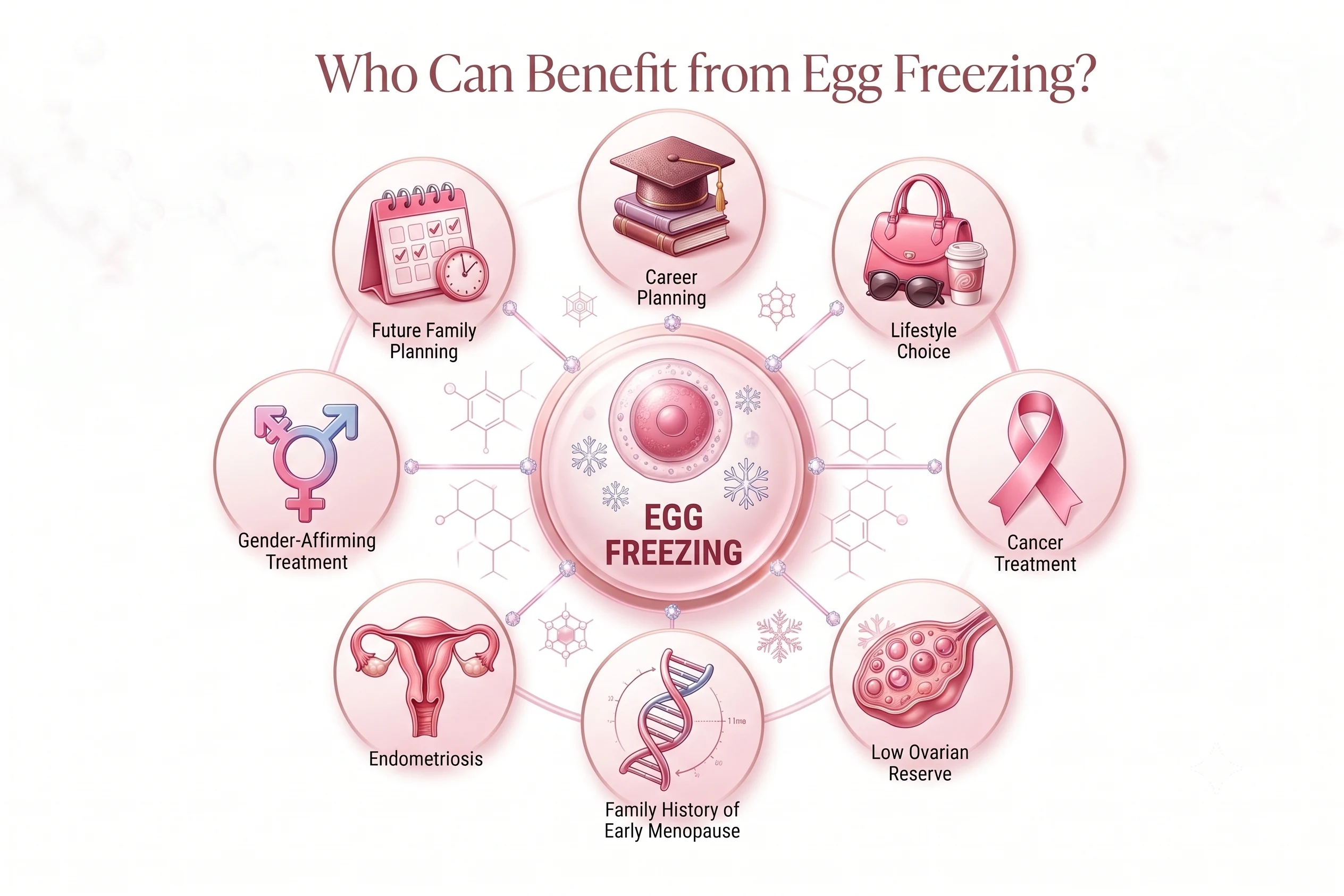 Who Can Benefit from Egg Freezing infographic showing 8 key personal and medical indications